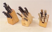 (3) WOODEN KNIFE BLOCKS W/KNIVES - SOME ARE.....