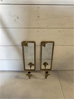 Pair Vintage Brass Mirrored Wall Sconces