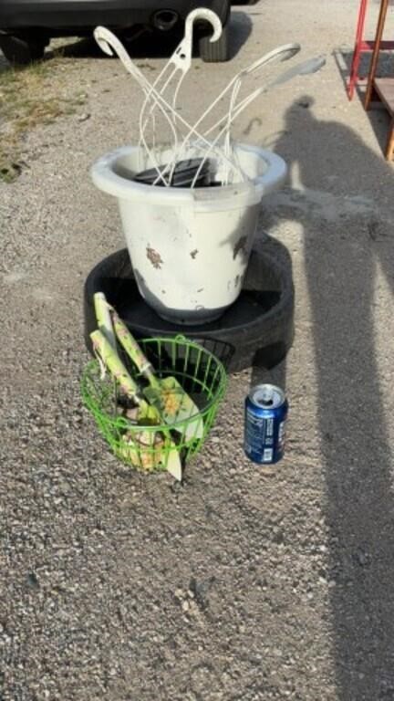 Metal Basket with Rocks, Decorative Garden Tools,