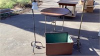 Rot iron table, 2-rot iron light stands, trunk box