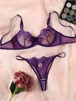 *Sheer Mesh Underwire Lingerie Set-L, Purple