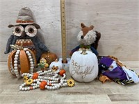 Box of Fall decor/  Owl/ pumpkins and misc.