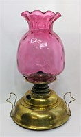 Large Heater Oil Lamp With Cranberry Glass Shade