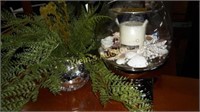 glass pedestal candle holder w/sea shells & faux f