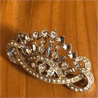 Silver Tone & Rhinestone Crown Brooch Pin