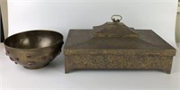 Brass Bowl with Jewels and Pressed Metal Box