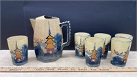 Unmarked Vintage Ceramic Pitcher & 6 Cups