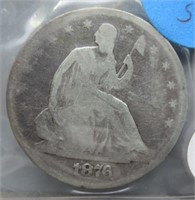 1876-S Seated liberty silver half dollar.
