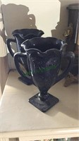 2 black amethyst glass vases, double handle,