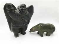 Lot of 2 Signed Inuit Stone Carvings, Bear and Man