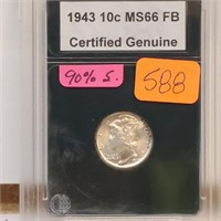 1943 MS66 FB 90% Silver Mercury Dime 10 Cents