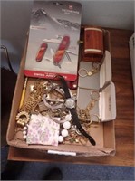 Box w/ Jewelry: Necklace, Watch, Keychain, Pins,