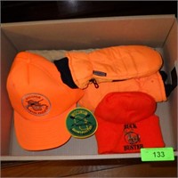 BLAZE ORANGE HAT, MITTENS & CAP, BOWHUBNTER PATCH