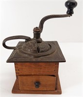 Antique Cast Iron & Dovetailed Wood Coffee Grinder
