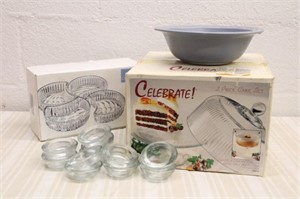 CAKE PLATE, GLASS CANDLEHOLDERS & MORE