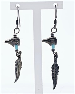 Sterling Silver Navajo Bears and Feathers Earrings