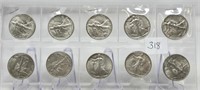 10 Walking Liberty Halves XF-AU