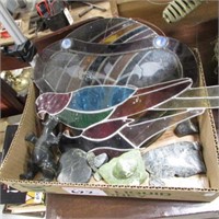 BOX OF STAINED GLASS, SOAP STONE ETC