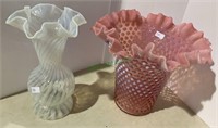 Two vintage flower vases - pink and white hobnail
