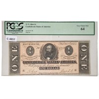 T-71 1864 $1 CSA CONFEDERATE PCGS UNC-64