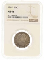 1897 US BARBER 25C SILVER COIN NGC MS61