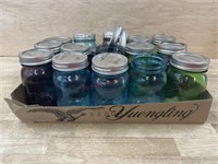 Flat of  15 colored pint jars