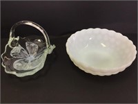 Vtg Anchor Hocking Milk Glass Bowl & Art Glass Bas