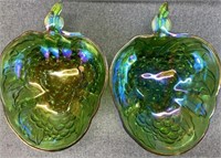 Pair Of Large Indiana Glass Iridescent Green Bowls