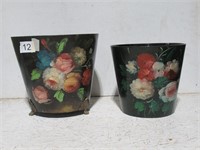 2 green and floral waste baskets
