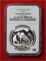 1993 P Chinese Panda 10 Yuan NGC PF68 1 Oz Silver