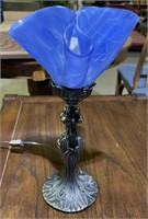 (G) Blue Tulip Glass Table Lamp with Metal Base
