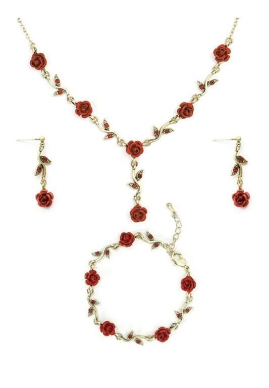 3 PCS JEWELRY SET RED ROSE WITH GOLD LEAFS