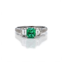 Platinum 3 Stone Green Emerald Diamond Ring