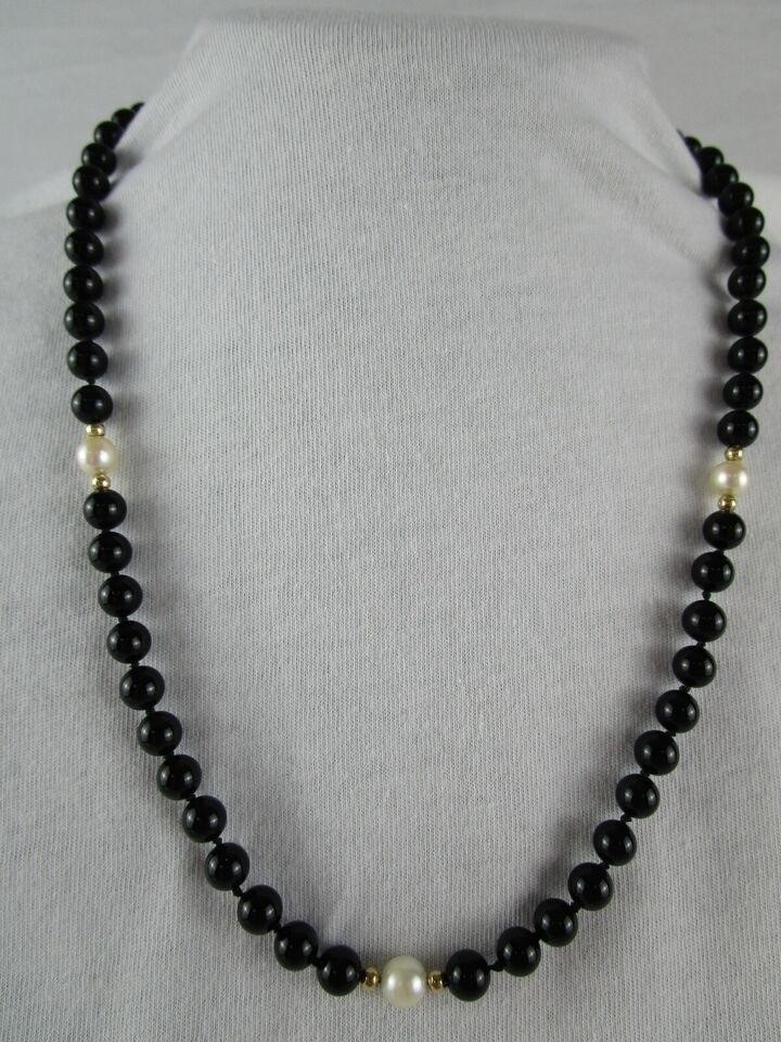 Black Onyx Bead Necklace w/14K Gold Clasp & Pearls