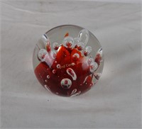 Glass Art Paperweight Red W/ Bubbles