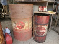 3 - Vintage Kendall Grease Cans, 1 - Oil Drum