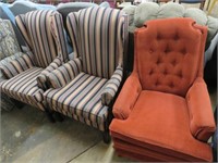 3 CLOTH CHAIRS -- 2 ARE WINGBACK