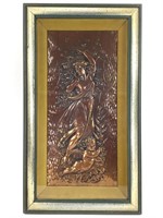 Framed Repousse Copper Plaque Woman w Cupid