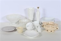 Milk Glass & Pottery Dishes, Footed Bowls