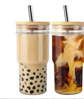 HEFBCOMK 2 Pack Glass Cups with Bamboo Lids and Ss
