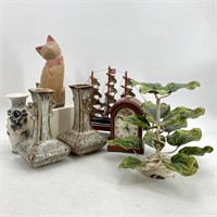 Tray- Model Ship, Metal Plant, Carved Cat, etc