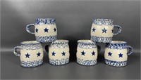 Six Henn Pottery Blue & White Star Mugs