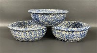 Three Henn Pottery Blue Spongeware Bowls
