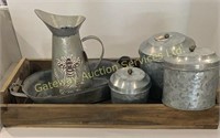 Galvanized Canister, Water Jug, Wooden Tray