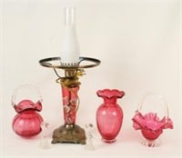 Six Pcs. Fenton Glass, Cranberry Lamp Etc.