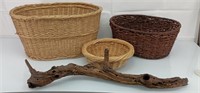 3 wicker baskets and driftwood lot