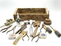 Oil Can, Wrench, Vise Grips, Glass Cutter, Tape