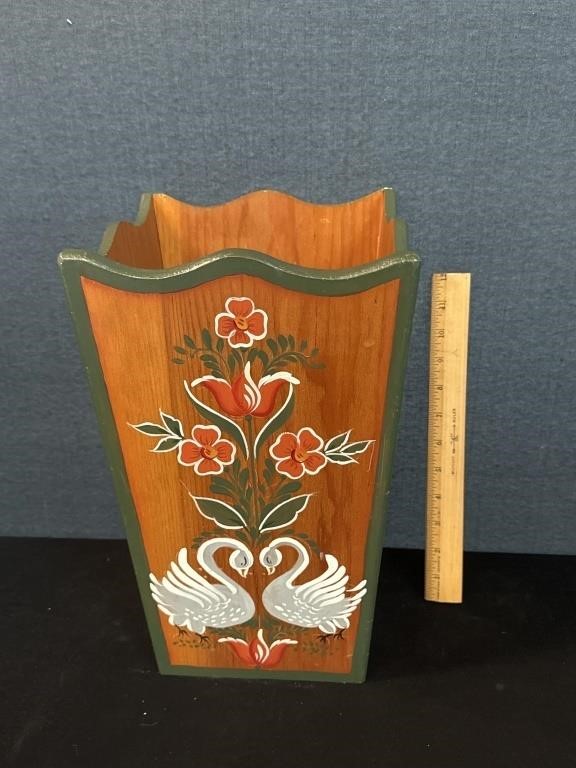 Vintage Wood Hand Painted Tole Trash Can