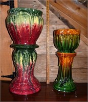 2 pottery jardinieres on stands, larger 28" and wi