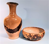 Vtg. Mexican Tonala Bowl & Matching Vase